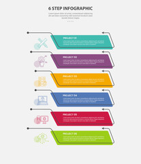 6 points template infographic outline style with 6 point step template with creative open box container with arrow line on vertical stack structure for slide presentation