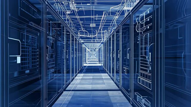 A videograph of a spacious hallway in a server room, illuminated by blue lights, showcasing the technical infrastructure and equipment, A monochromatic blueprint of a data center