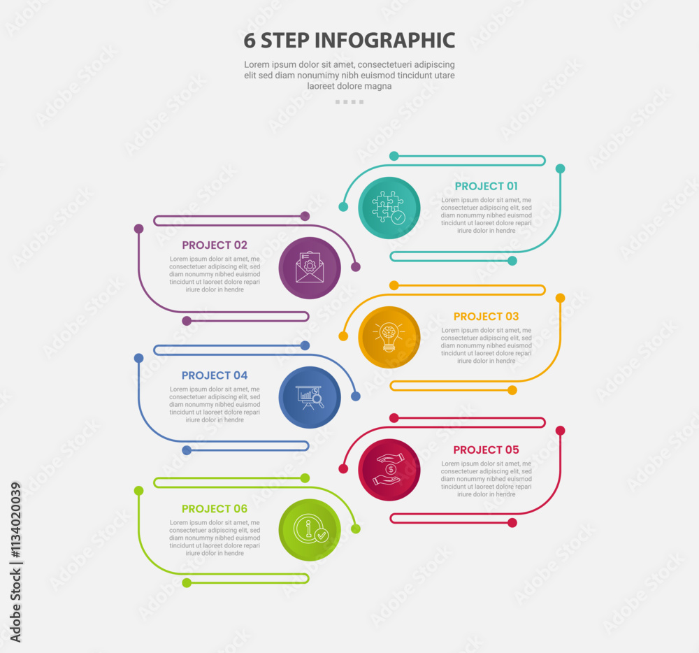 Aufkleber 6 points template infographic outline style with 6 point step template with creative round rectangle