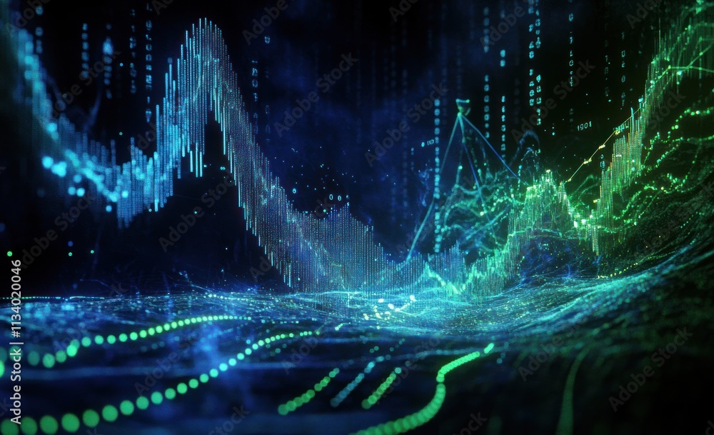 Aufkleber Abstract data visualization with glowing lines and particles, depicting financial market trends or technological advancements.