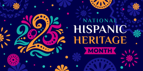 Hispanic heritage month 2025. Vector web banner, poster, card for social media, networks. Greeting with national Hispanic heritage month text, ornament on blue background. Logo 2025.