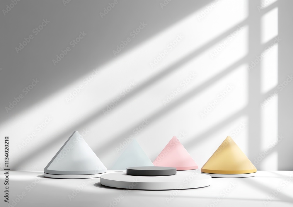 Poster Minimalist product display with colorful cones on white platform against bright window light.