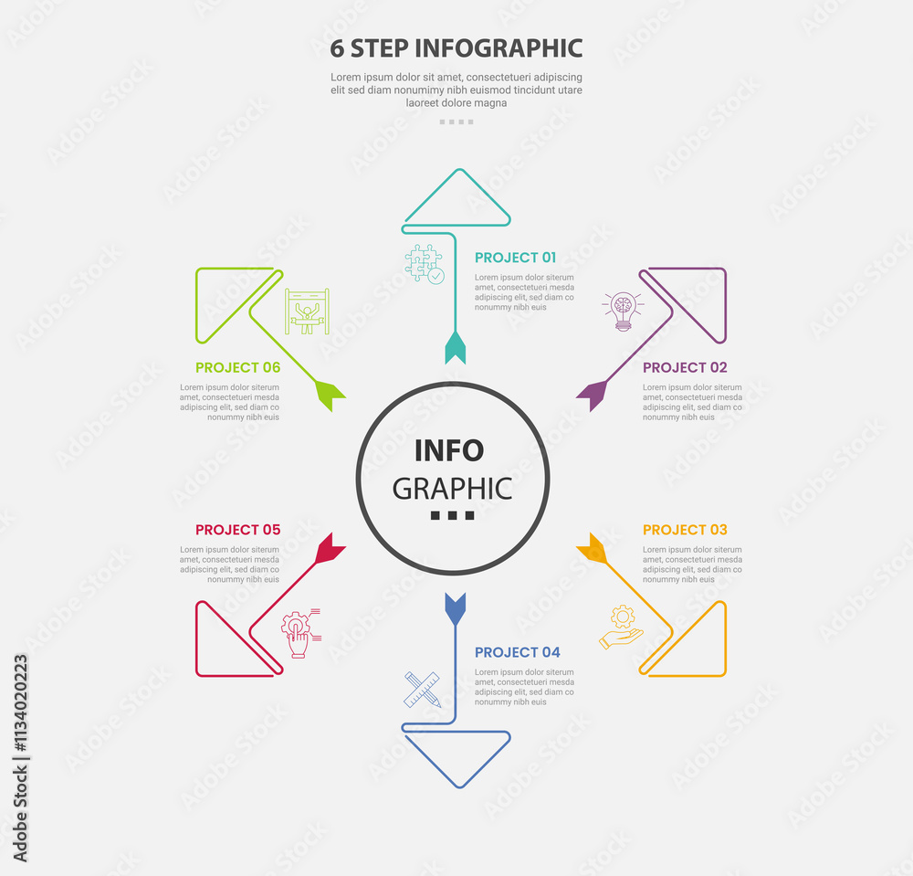 Aufkleber 6 points template infographic outline style with 6 point step template with big circle center and tr