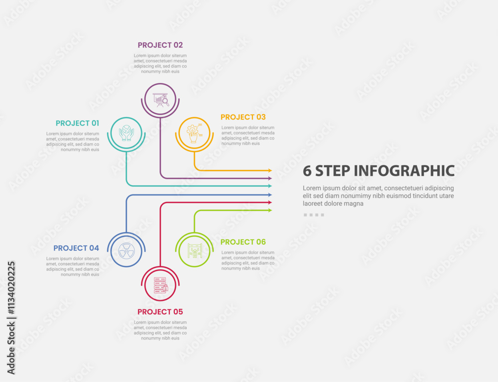 Aufkleber 6 points template infographic outline style with 6 point step template with creative line arrow netw