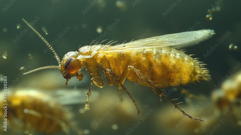 Poster close-up of a small, yellow insect with translucent wings, surrounded by other similar insects in a 