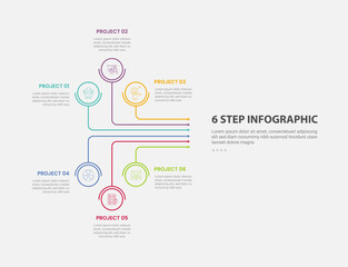 6 points template infographic outline style with 6 point step template with creative line arrow network with circle on edge for slide presentation