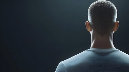 Back view of a man's head and neck, lit from above against a dark background.