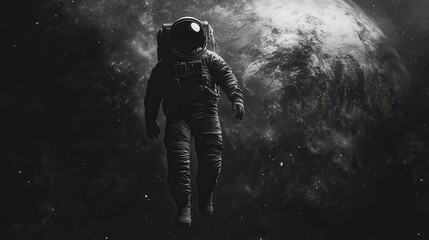 Fototapeta premium Astronaut floating in space earth in background digital art cosmic environment dramatic viewpoint exploration concept