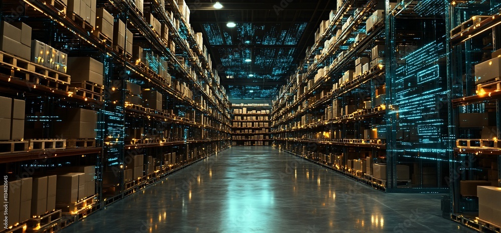 Aufkleber a futuristic warehouse filled with neatly stacked boxes and digital elements.
