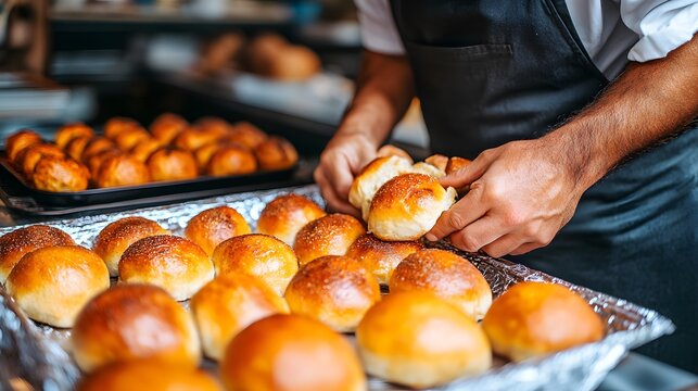 Baker inspecting freshly baked bread rolls on a baking tray.