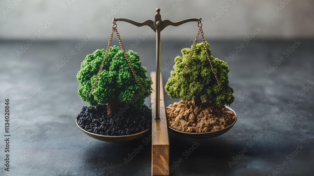 Poster balanced scales showing two miniature trees, one in dark soil, one in light soil.