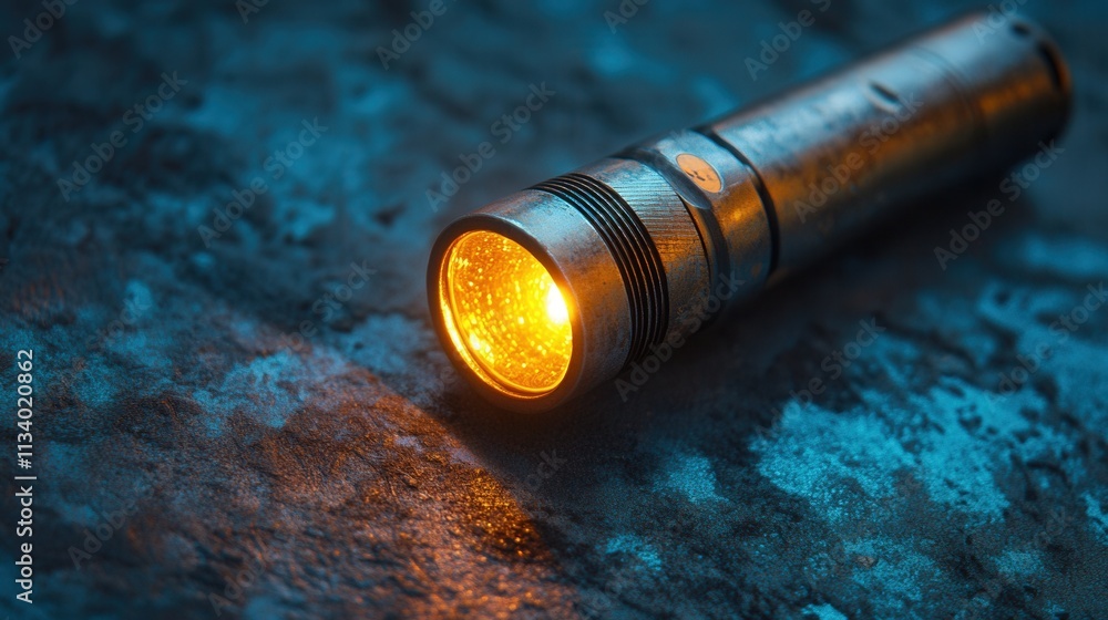 Poster illuminating adventure close-up of a flashlight in a dark environment capturing light and shadows ur