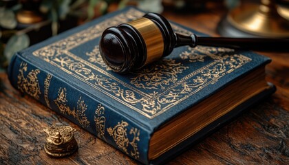Gavel rests on antique, gold-embossed book. Image ideal for law, justice, or legal themes.