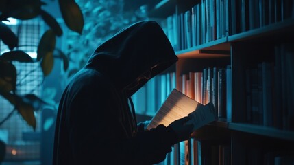 mysterious figure reading in a dark library