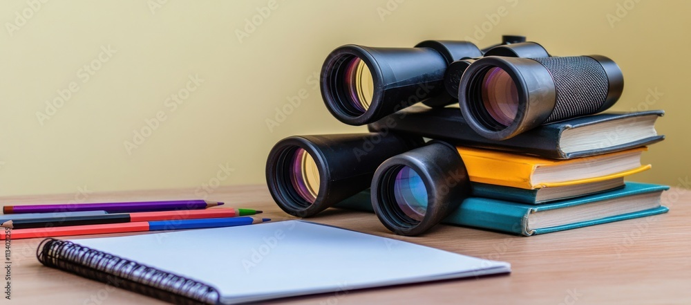 Poster binoculars on books with pencils and notepad.
