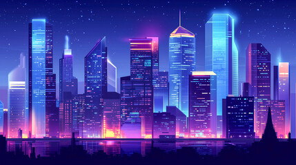 skyscrapers with glass facades, reflecting the city lights at night, modern urban setting