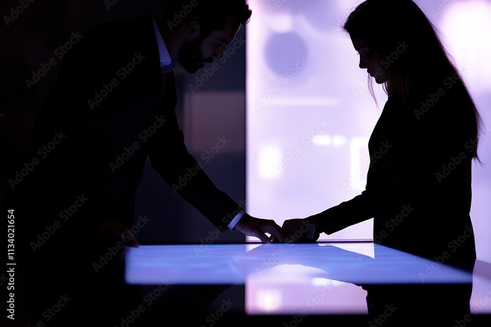Aufkleber silhouetted business colleagues collaborating on a large interactive touchscreen display in a dark r