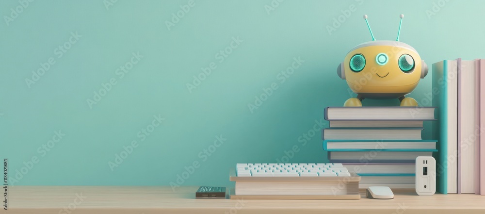 Poster Cute robot on a stack of books near keyboard and mouse on desk.