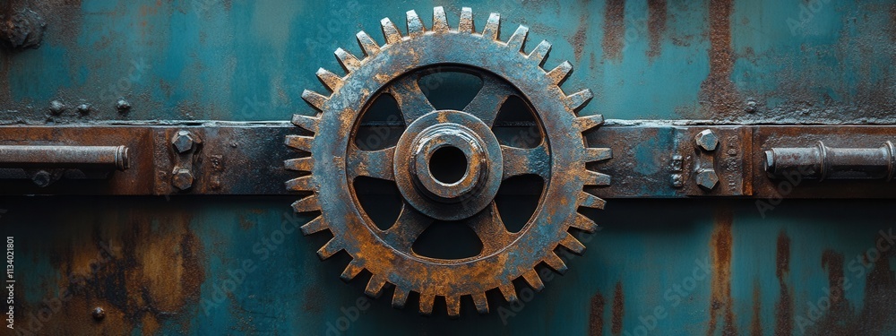 Poster industrial gear mechanism close-up factory setting photography textured background macro view engine