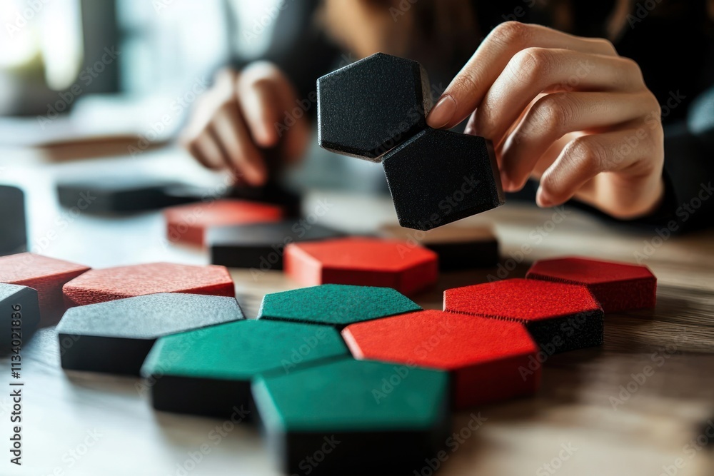 Poster Close-up of hands arranging colorful hexagonal wooden blocks on a table.