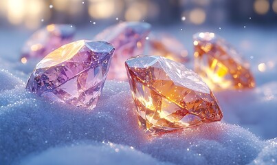 Fototapeta premium A colorful diamond with a frozen texture glows faintly, partially buried in snow with icy edges