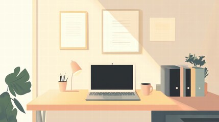 Fototapeta premium sunlit home office workspace with laptop and desk