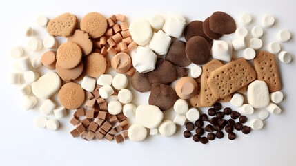 Cozy and inviting arrangement of fluffy marshmallows fragrant cocoa powder and delightful gingerbread shapes on a clean white background captured in a front facing perspective