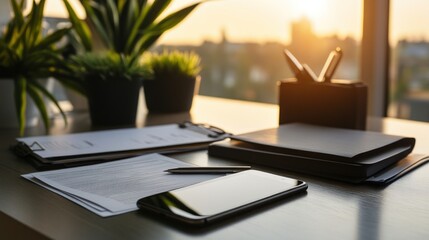 Office desk with documents, phone, and stationery items. Sunlight streams through window.