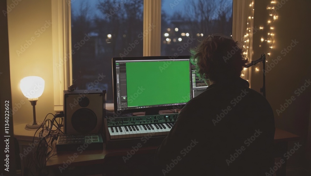 Poster person working on computer at night in home studio.