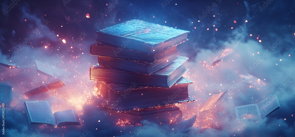 Poster a mystical stack of glowing books amidst swirling clouds and light.