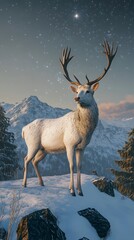 A majestic white deer with perfect antlers, on the mountain and the view of the stars in the beautiful sky