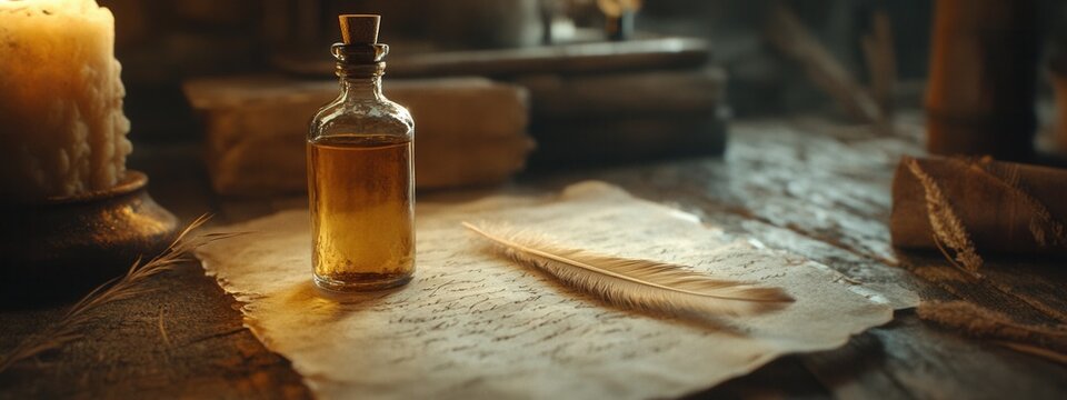 Crafting elixirs herbal potion making old workshop still life warm ambiance close-up alchemy concept
