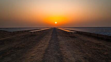 Vast solar panel farm at sunset.  Golden sun sets over a field of photovoltaic panels.  