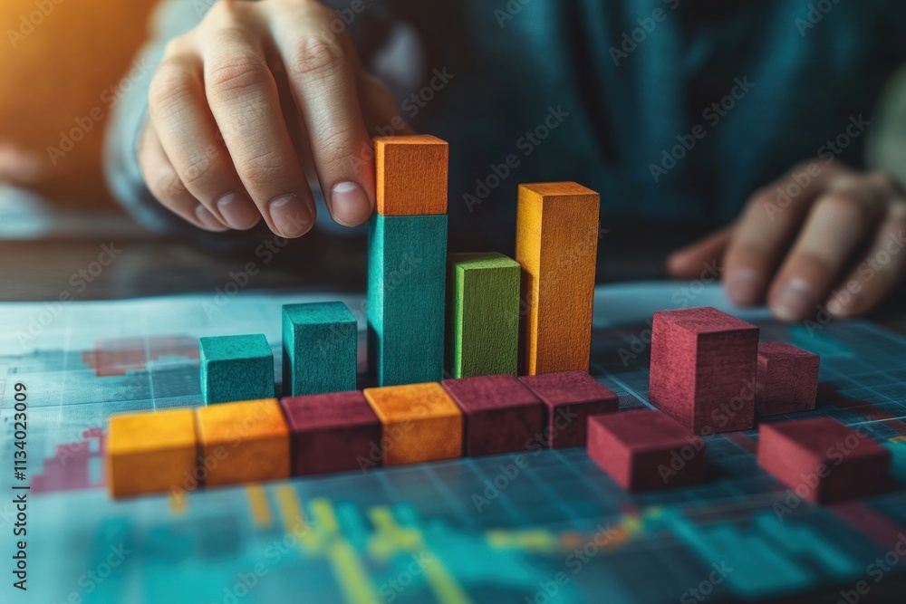 Poster close-up of hands building a colorful bar graph from wooden blocks on a financial chart.