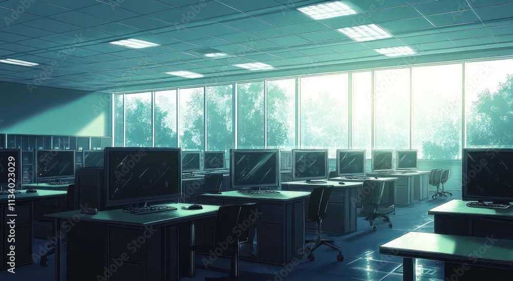 Poster Empty computer lab with large windows, sunlight streaming in.
