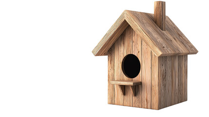 Rustic wooden birdhouse with a circular entrance on a black background. transparent background