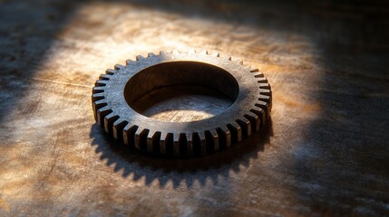 Industrial gear on metal surface close-up machinery environment industrial concept detailed perspective for manufacturing