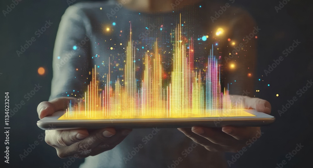 Aufkleber woman holding tablet displaying colorful cityscape data visualization.