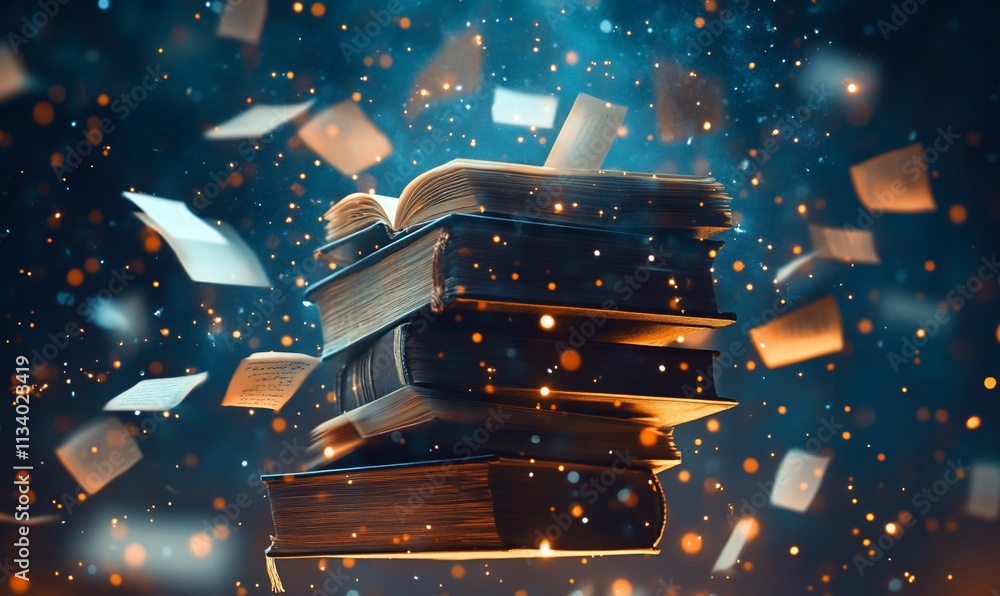 Aufkleber A stack of books surrounded by floating pages and sparkling particles.