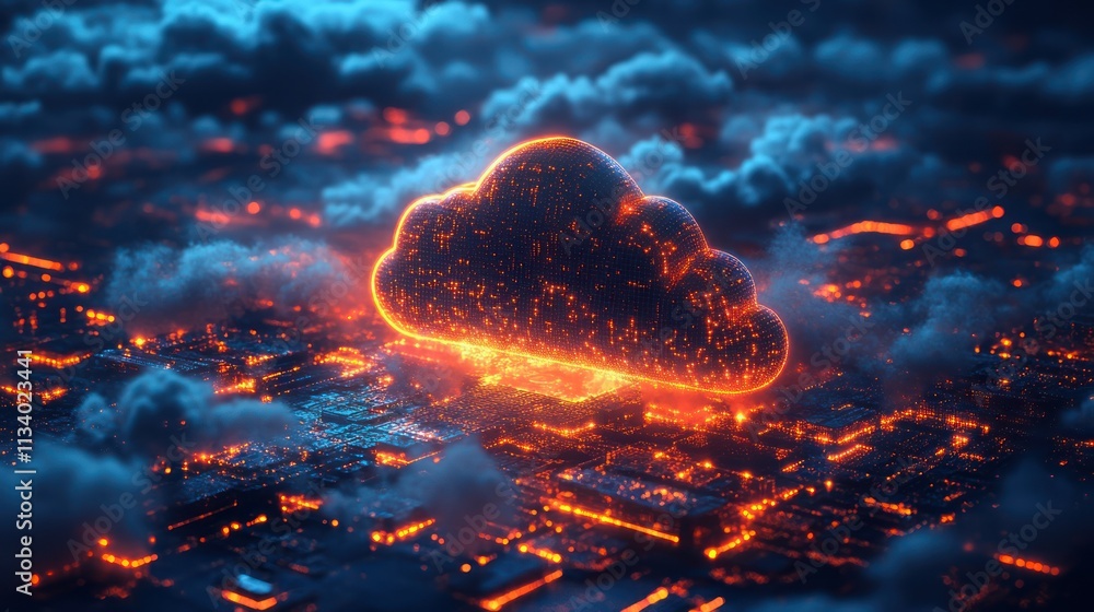 Poster cloud computing: futuristic cityscape of digital networks