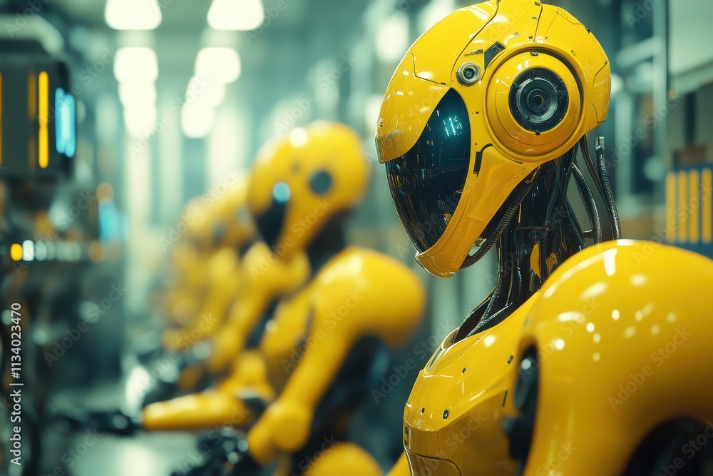 Poster row of yellow robots in futuristic factory. illustrates automation, ai, and advanced technology.