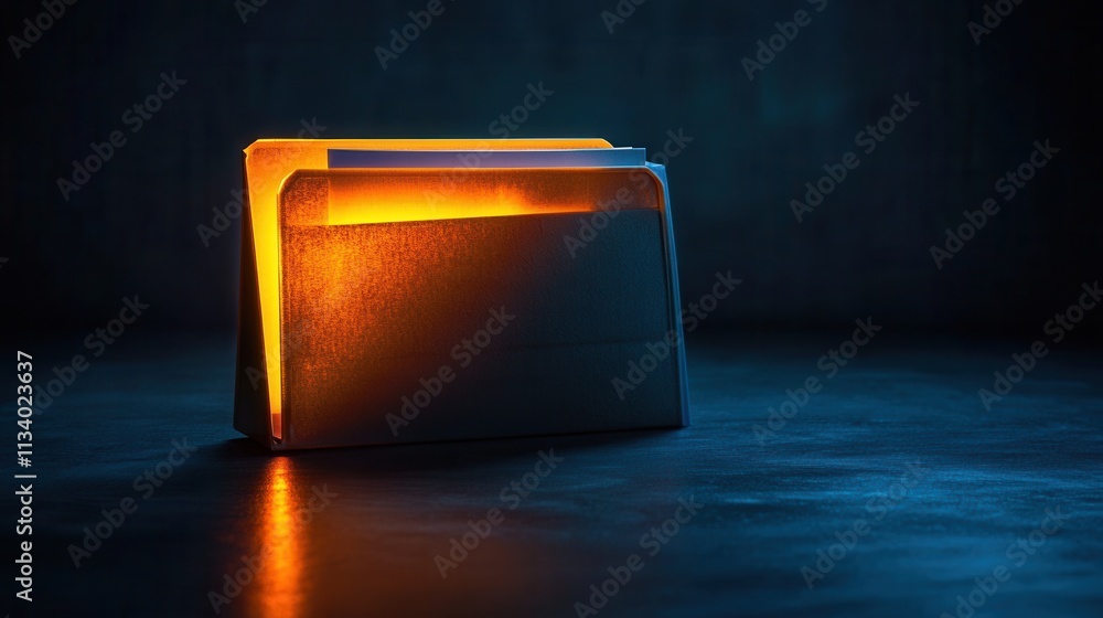 Poster illuminated folder display dark room digital concept minimalist environment artistic angle creative 