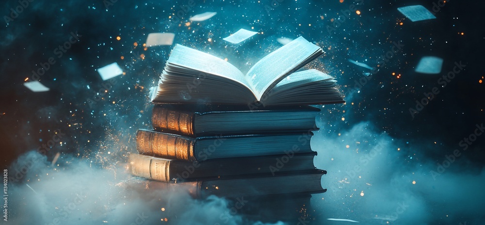 Poster A stack of books with an open book floating above, surrounded by magical effects.