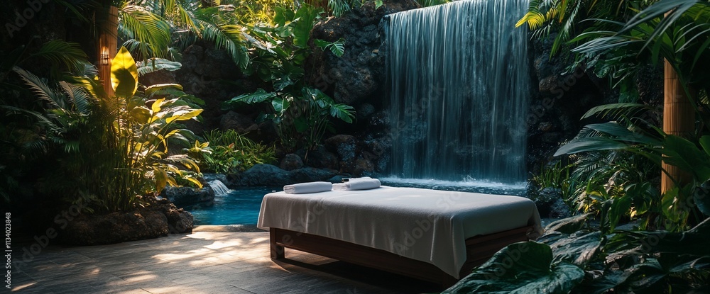 Poster a tranquil spa setting with a massage table near a waterfall and lush greenery.