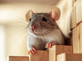 Fototapeta premium A close-up of a curious gray rat with prominent whiskers and pink paws, perched on the edge of a wooden maze, lit by warm natural light