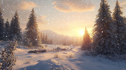 Fototapeta premium View of snow-covered conifer trees and snowflakes