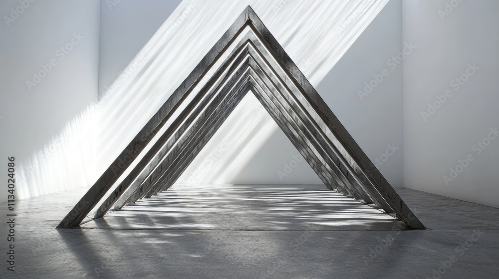 Poster a triangular pavilion made of interlocking steel beams, creating dramatic shadows on the ground in a