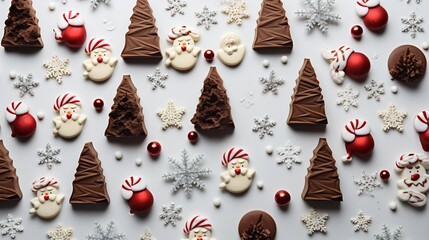 Whimsical Winter Wonderland Wallpaper with Marshmallow Trees Chocolate Snowflakes and Santa Cookies on a White Background  Decorative holiday pattern perfect for festive home decor greeting cards