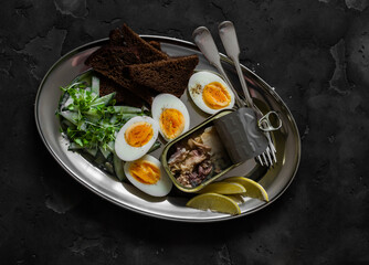 Delicious snack, tapas, breakfast, appetizers - canned mackerel, boiled eggs, cucumber salad, rye bread on a dark background, top view