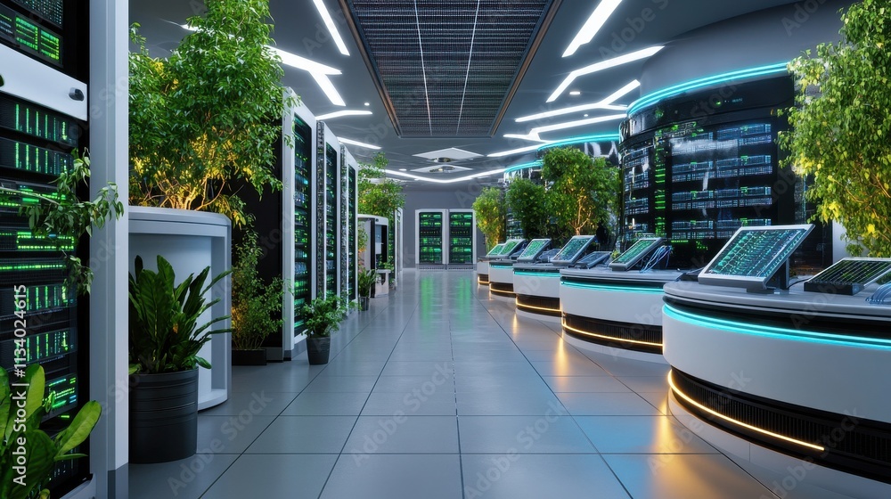Poster modern data center with greenery emphasizing technology and sustainability in a high-tech environmen